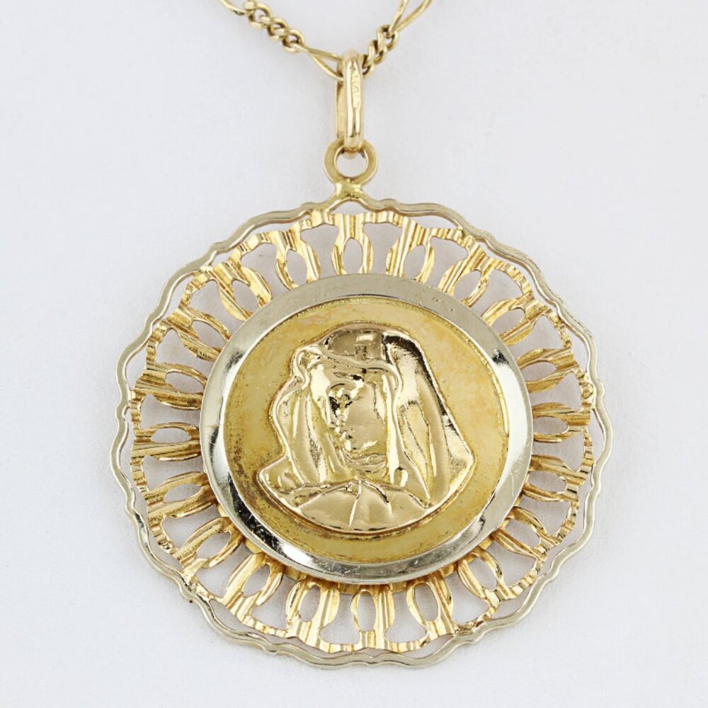 14KG Two-Tone Gold Double Sided Jesus Christ/ Virgin Mary Religious Pendant